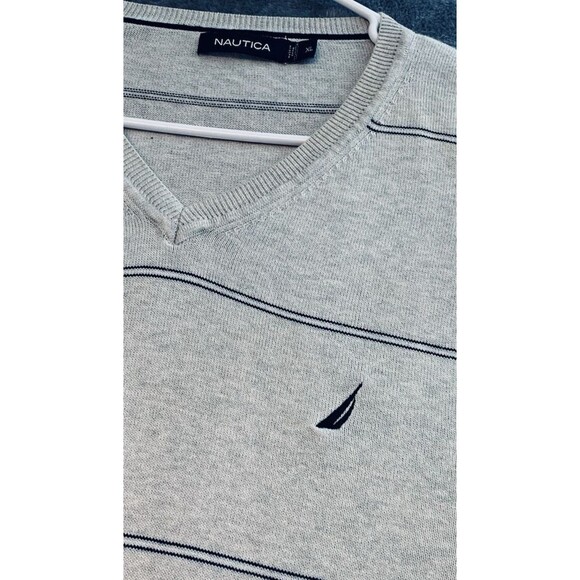 Nautica VNeck Sweater Logo XL Striped Cream Black 100% Cotton Preppy Casual - Picture 5 of 7